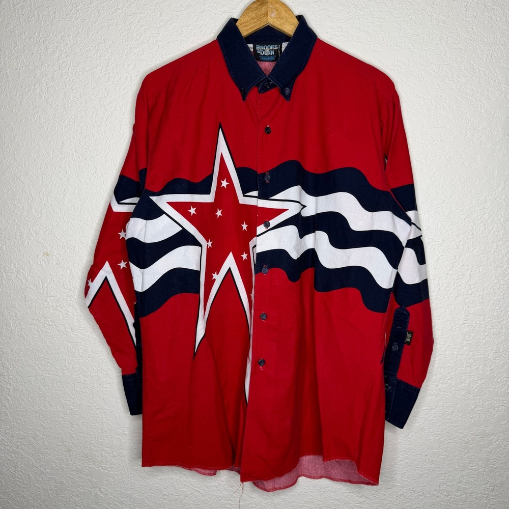 Brooks & Dunn Star & Stripe Western Long Sleeve Button Up Shirt Red 17.5x34